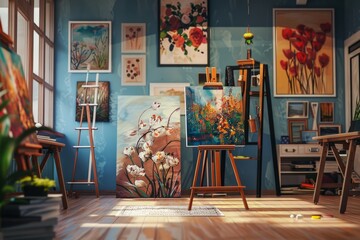 A vibrant and busy art studio where artists passionately create and share their artwork, filling the room with a variety of captivating paintings. - obrazy, fototapety, plakaty