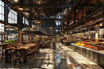 A contemporary food hall filled with stylish tables, comfortable chairs, and abundant natural light streaming through numerous windows.