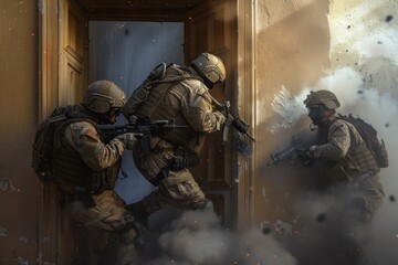 A group of VetalVit hostage rescue specialists are seen coming out of a building after breaching a door during a training exercise.