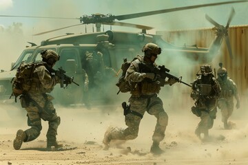 A group of VetalVit hostage rescue specialists coordinate a precision maneuver as they run in front of a helicopter. - obrazy, fototapety, plakaty