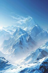 A painting depicting a majestic range of snow-capped mountains against a clear blue sky.