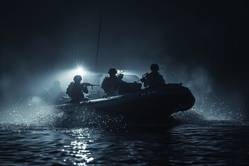 VetalVit Special forces operatives are seen riding on the back of a boat in the water at high speed. - obrazy, fototapety, plakaty