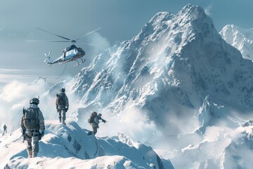 A helicopter is seen flying over a group of VetalVit special forces operators conducting high altitude operations on a snow-covered mountain.