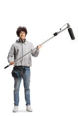 Boom operator with headphones and microphone smiling at camera © Ljupco Smokovski
