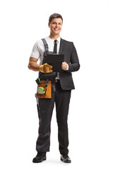 Man dressed half as a repairman with a tool belt holding a clipboard and half as a businessman