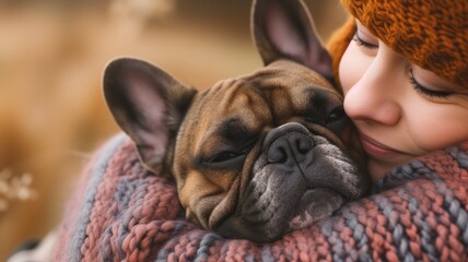 Woman cuddling a French bulldog in a warm scarf