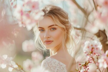 Obraz na płótnie Canvas Spring bloom blond bride s exquisite portrait