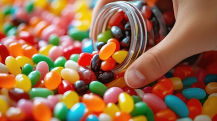 Hand pouring jelly beans from a jar onto a colorful pile