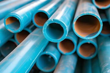 PVC water pipes stacked in warehouse against a blue plastic pipe backdrop used for construction purposes