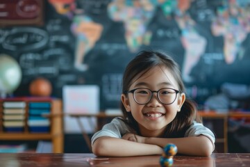 Smiling Asian student studying happily in classroom gazes at the camera