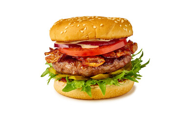 Big juicy hamburger with beef patty and bacon on white