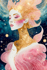 A dreamlike illustration of a woman in the style of delicate and whimsical watercolors, wearing detailed costumes with carnivalesque aspect. Gold and pink color palette.