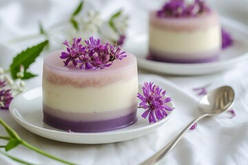 Obraz na płótnie Canvas Silky taro pudding layered with milk pudding on a white plate