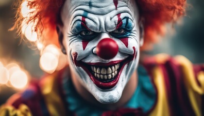 Close-up portrait of a clown with a menacing smile and intense eyes