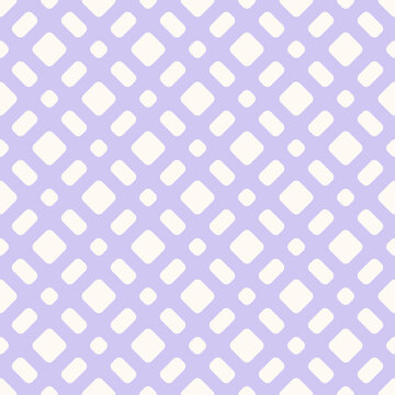 Vector grid seamless pattern. Abstract geometric minimal texture with rounded mesh, lattice, grill, net, diagonal cross lines. Simple lilac and white checkered background. Cute modern repeated design