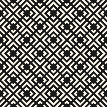 Vector monochrome seamless pattern with lines, squares, rhombuses, arrows, grid, net, lattice, mesh, tiles. Abstract geometric texture. Simple black and white modern repeated geometrical background