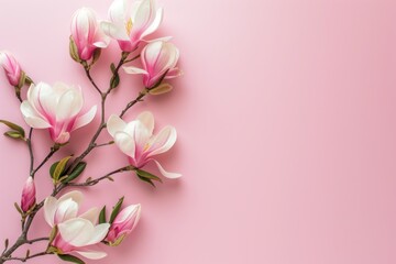 Magnolia flowers on pink background top view