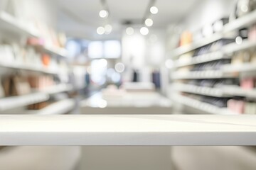 Obraz premium Retail shop background with blurred shelf display on table top