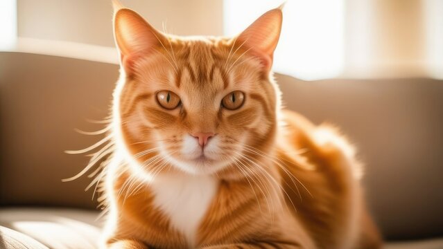 Portrait of a red fluffy cat on a beige sunny background. relaxation in free time. Pet business concept