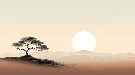 Minimalist illustration of a tree in a desert-like area with a sunset