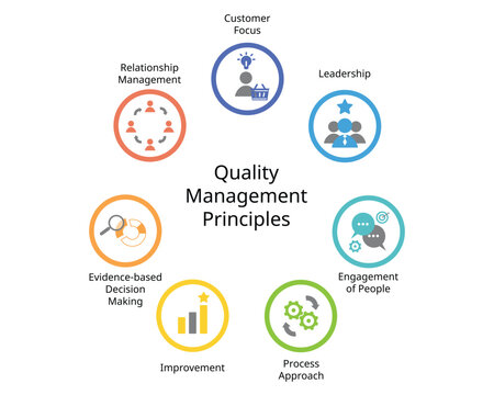 The 7 principles of quality management of Customer focus, Leadership, Engagement of people, Process approach, Improvement, Evidence-based decision making, Relationship management