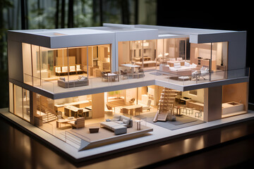 Architectural blueprint and physical model of a modern, eco-friendly residence