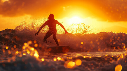 A surfer surfs a wave at sunset