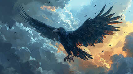 Illustration of a black raven in flight