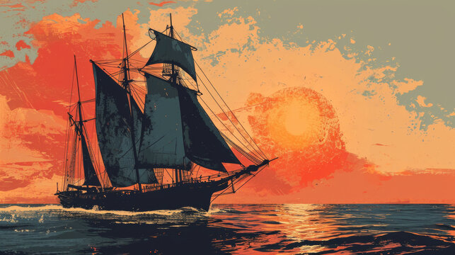 An old sailing ship at sunset on the sea