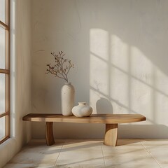 a wooden table and vase on a floor next to a window with light and shade  