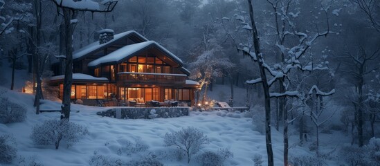 Idyllic cabin in the winter forest surrounded by snow-covered trees