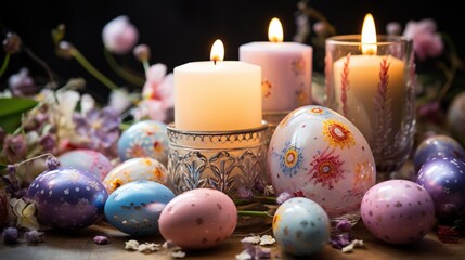 Obraz na płótnie Canvas Decoration Easter candle and colorful eggs