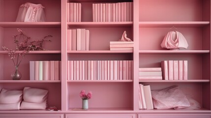 texture. a shelf of old pink books. retro background, library archive. ai generative