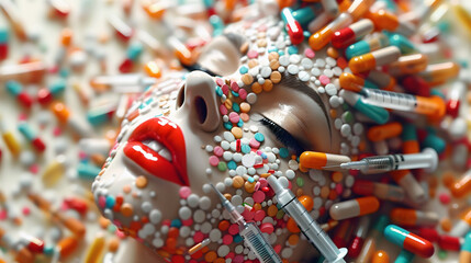 Woman's face with pills and syringes depicting beauty and youth enhancement