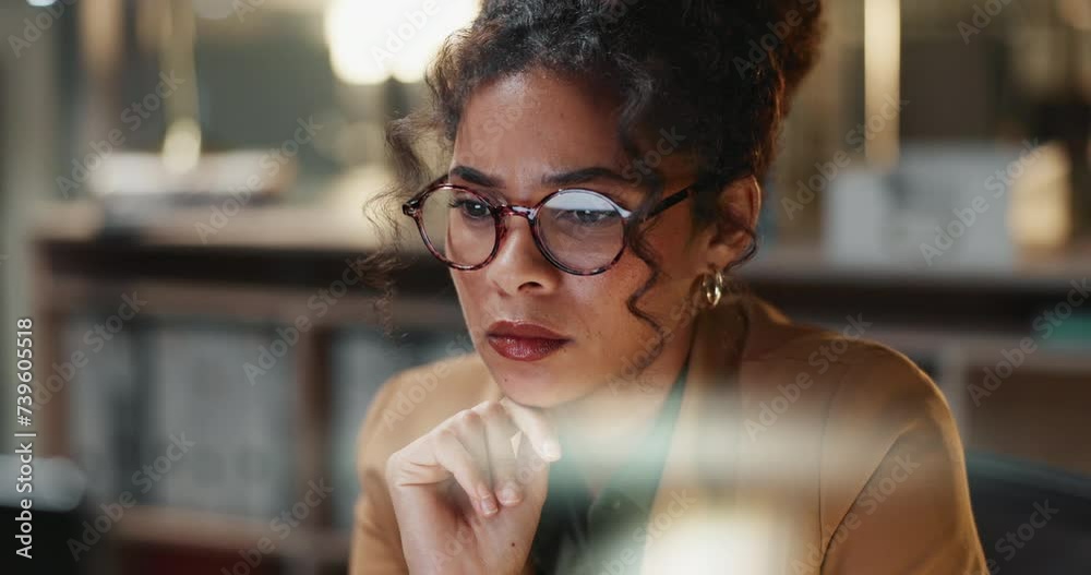 Poster Business woman, computer and thinking in office with connection and online research for problem solving at work. Accountant, idea or reading email with reflection on glasses or planning in workplace