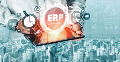 Enterprise Resource Management ERP software system for business resources plan presented in modern...
