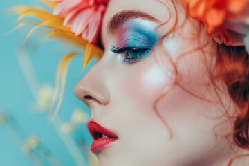 Woman With Colorful Makeup and Flowers in Her Hair. Generative AI