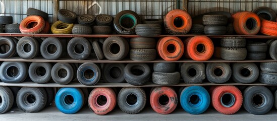 A Heap of Abandoned Tires in a Junkyard, Environmental Pollution Concept - obrazy, fototapety, plakaty