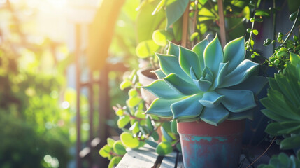 A vibrant green succulent plant with thick y leaves sits atop a wooden shelf on a balcony soaking up the warm rays of sunlight. In the background a tangle of vines and other - obrazy, fototapety, plakaty