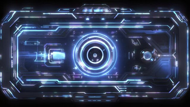 A futuristic interface with a glowing blue circle at the center. A sci-fi control panel illuminated by neon lights. HUD animation. loop animation, 