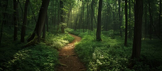 Obraz premium Serenity Path through Dense Lush Forest Trees Nature Landscape Scene