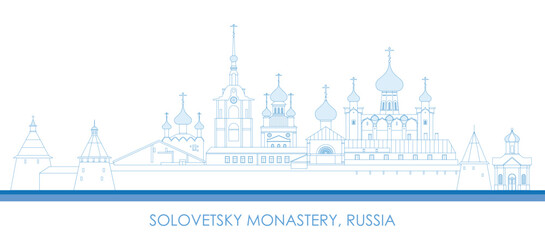 Outline panorama of Solovetsky Monastery, Russia - vector illustration - obrazy, fototapety, plakaty