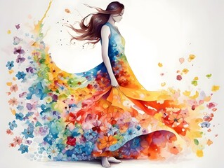beautiful girl watercolor painting with rainbow skirt made of colorful flowers flows gracefully with every step she takes, connected to her long hair like a never-ending garden of beauty, white backgr