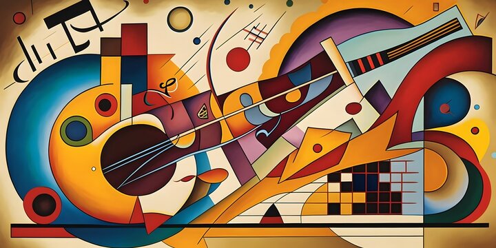 kandinsky style painting, abstract, musical concept, guitar, musical notes, piano keys, spirituality, emotions