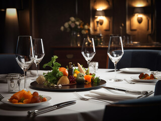 A high-end restaurant setting with an elegant table arrangement and exquisite culinary creations