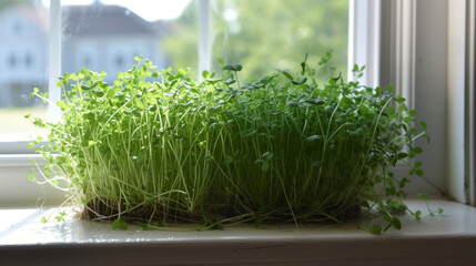 The fine hairs of a young microgreen can be seen in sharp focus as it reaches for the natural light streaming through a nearby window.