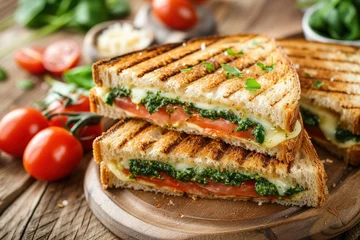 Gordijnen Italian Caprese sandwiches with fresh tomatoes, mozzarella cheese and basil © Vasiliy
