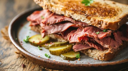 Delicious pastrami sandwich made with wholegrain bread with fresh salad and pickle