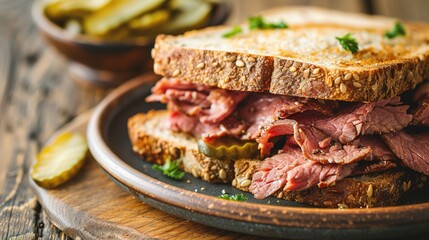 Delicious pastrami sandwich made with wholegrain bread with fresh salad and pickle - obrazy, fototapety, plakaty