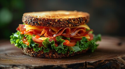 Pressed and toasted double panini with ham and cheese served on sandwich paper on a wooden table